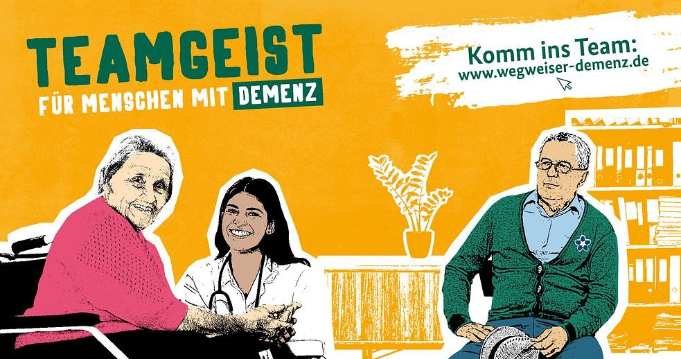 Plakat mit gezeichneten personen und der Aufschrift Teamgeist für Menschen mit Demenz.