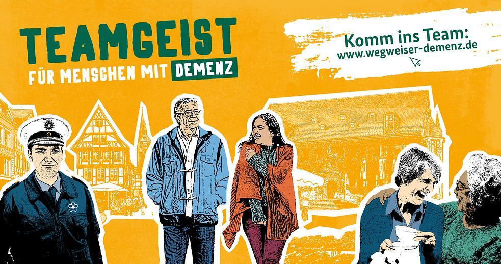 Plakat mit gezeichneten Personen und der Aufschrift Teamgeist für Menschen mit Demenz.