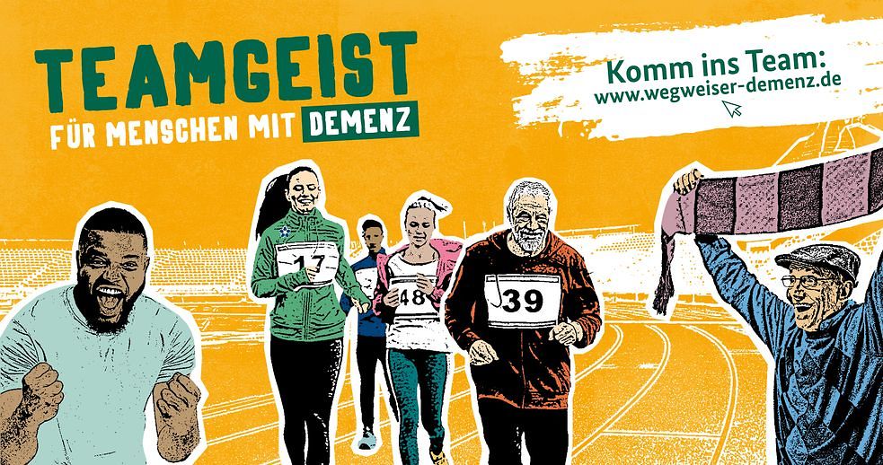 Plakat mit gezeichneten Personen und der Aufschrift Teamgeist für Menschen mit Demenz.