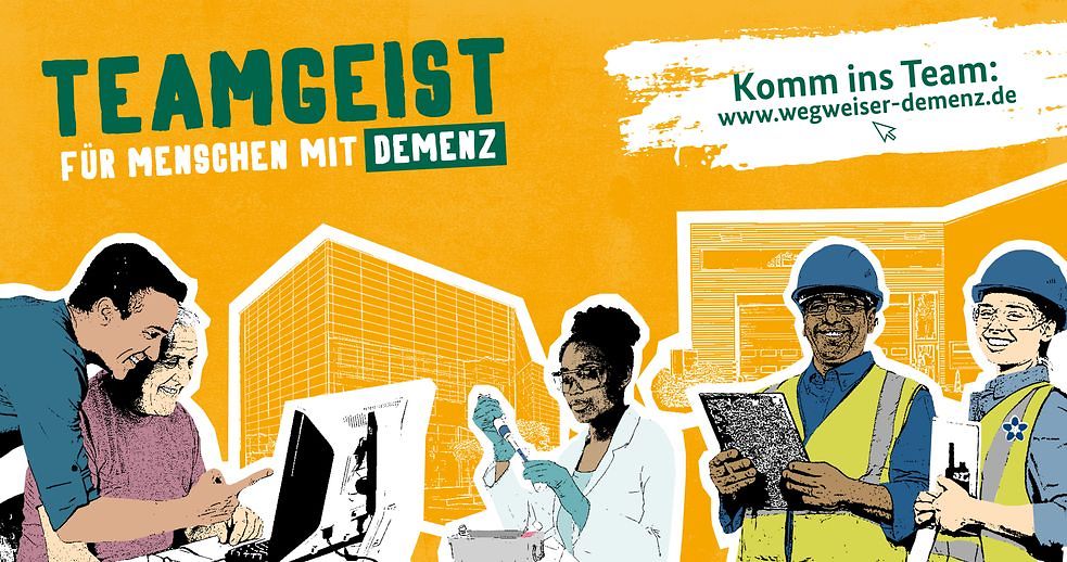 Plakat mit gezeichneten personen und der Aufschrift Teamgeist für Menschen mit Demenz.