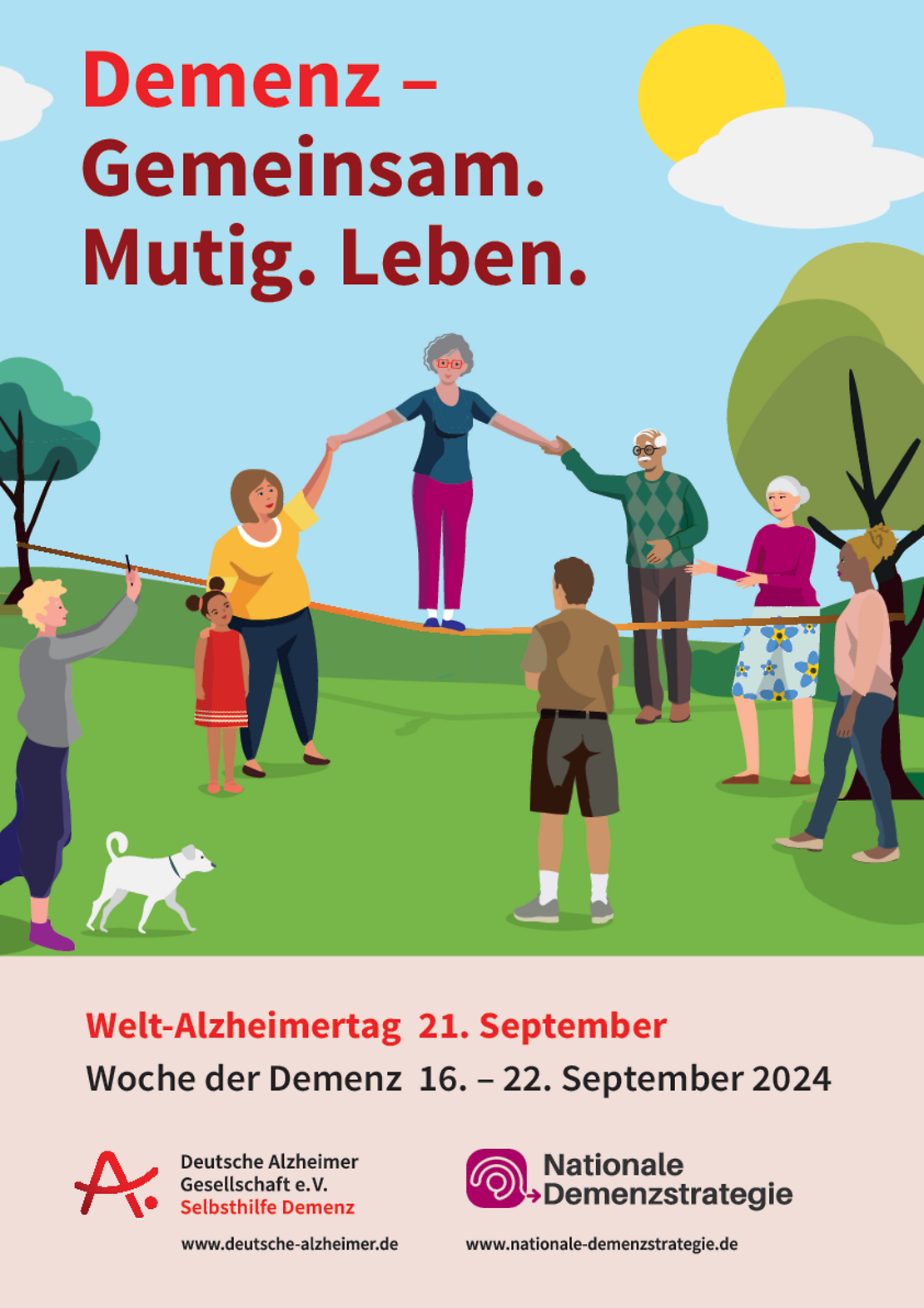 Auf dem Poster balanciert eine Frau auf einem Seil, zwei Personen geben ihr Halt.